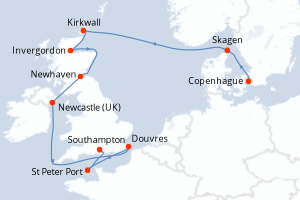 Carte de l'itinéraire de croisière Copenhague-Southampton d'une durée de 11 jours