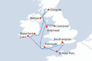 Carte de l'itinéraire de croisière Southampton-Southampton d'une durée de 12 jours