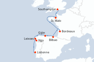 Carte de l'itinéraire de croisière Southampton-Lisbonne d'une durée de 12 jours