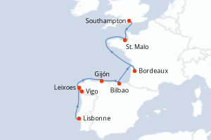 Carte de l'itinéraire de croisière Lisbonne-Southampton d'une durée de 12 jours