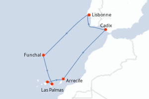 Carte de l'itinéraire de croisière Lisbonne-Lisbonne d'une durée de 12 jours