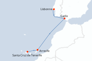 Carte de l'itinéraire de croisière Santa Cruz de Tenerife-Lisbonne d'une durée de 6 jours