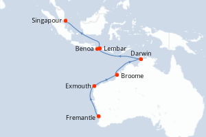 Carte de l'itinéraire de croisière Fremantle-Singapour d'une durée de 16 jours