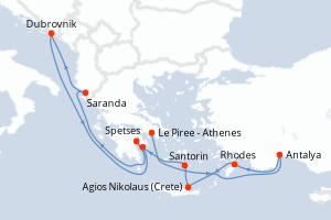 Carte de l'itinéraire de croisière Le Piree - Athenes-Spetses d'une durée de 11 jours