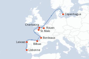 Carte de l'itinéraire de croisière Lisbonne-Copenhague d'une durée de 15 jours