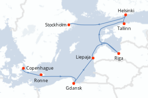 Carte de l'itinéraire de croisière Copenhague-Stockholm d'une durée de 7 jours
