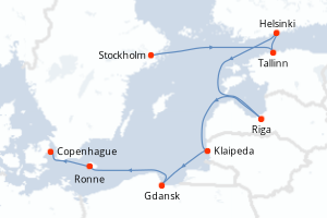Carte de l'itinéraire de croisière Stockholm-Copenhague d'une durée de 7 jours