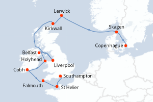 Carte de l'itinéraire de croisière Copenhague-Southampton d'une durée de 12 jours