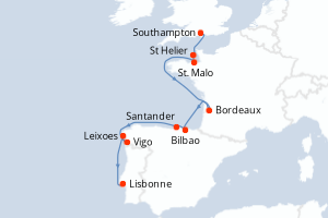 Carte de l'itinéraire de croisière Southampton-Lisbonne d'une durée de 12 jours