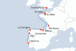 Carte de l'itinéraire de croisière Lisbonne-Southampton d'une durée de 12 jours