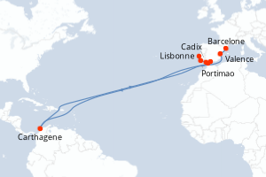 Carte de l'itinéraire de croisière Lisbonne-Barcelone d'une durée de 7 jours