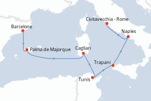 Carte de l'itinéraire de croisière Barcelone-Civitavecchia - Rome d'une durée de 7 jours
