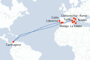 Carte de l'itinéraire de croisière Civitavecchia - Rome-Lisbonne d'une durée de 14 jours