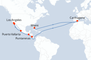 Carte itinéraire croisière Guatemala, Mexique, États-Unis, Espagne, Costa Rica - 18 jours au départ de Miami - Amérique du Nord