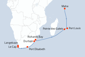 Carte de l'itinéraire de croisière Mahe-Le Cap  d'une durée de 14 jours