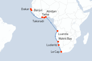 Carte de l'itinéraire de croisière Le Cap -Dakar d'une durée de 19 jours