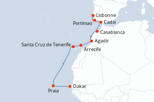Carte de l'itinéraire de croisière Dakar-Lisbonne d'une durée de 12 jours