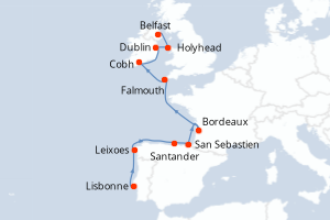 Carte de l'itinéraire de croisière Lisbonne-Belfast d'une durée de 12 jours