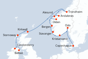 Carte de l'itinéraire de croisière Belfast-Copenhague d'une durée de 14 jours