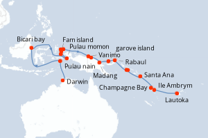Carte de l'itinéraire de croisière Darwin-Lautoka d'une durée de 23 jours