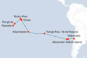 Carte de l'itinéraire de croisière Papeete-Valparaíso d'une durée de 23 jours