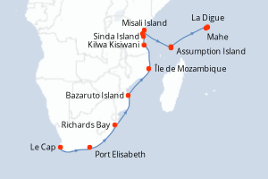 Carte de l'itinéraire de croisière Le Cap -Mahe d'une durée de 20 jours