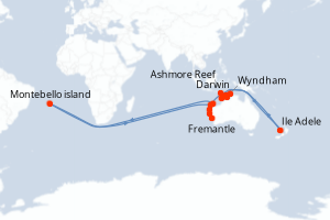 Carte de l'itinéraire de croisière Darwin-Fremantle d'une durée de 17 jours