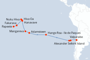 Carte de l'itinéraire de croisière Papeete-Valparaíso d'une durée de 23 jours