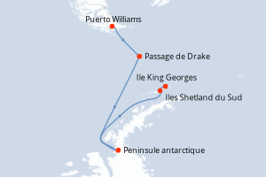 Carte de l'itinéraire de croisière Puerto Williams-Ile King Georges d'une durée de 9 jours