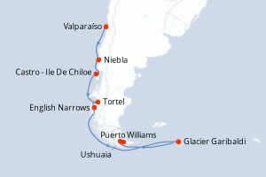 Carte de l'itinéraire de croisière Valparaíso-Puerto Williams d'une durée de 11 jours