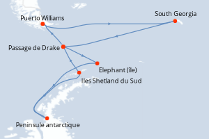 Carte itinéraire croisière Chili, Antarctique - 15 jours au départ de Puerto Williams - Amérique du Sud