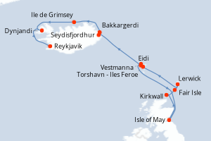 Carte de l'itinéraire de croisière Eidi-Reykjavik d'une durée de 11 jours