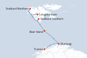 Carte de l'itinéraire de croisière Longyearbyen-Tromso d'une durée de 9 jours