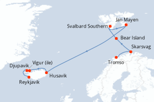 Carte de l'itinéraire de croisière Tromso-Reykjavik d'une durée de 13 jours