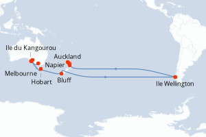 Carte de l'itinéraire de croisière Melbourne-Auckland d'une durée de 16 jours