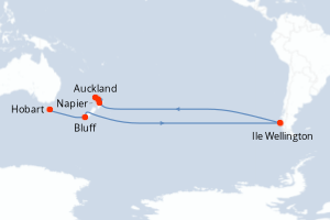 Carte de l'itinéraire de croisière Hobart-Auckland d'une durée de 9 jours