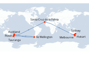 Carte de l'itinéraire de croisière Auckland-Melbourne d'une durée de 18 jours