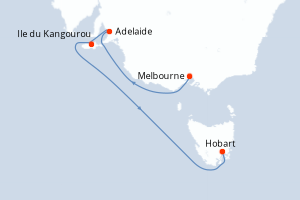 Carte de l'itinéraire de croisière Melbourne-Hobart d'une durée de 6 jours