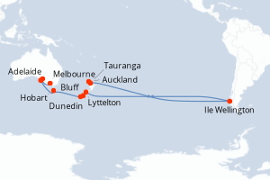 Carte de l'itinéraire de croisière Auckland-Melbourne d'une durée de 16 jours