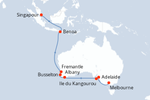 Carte de l'itinéraire de croisière Melbourne-Singapour d'une durée de 19 jours