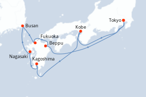 Carte de l'itinéraire de croisière Tokyo-Tokyo d'une durée de 10 jours