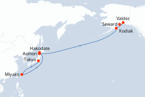 Carte de l'itinéraire de croisière Tokyo-Seward d'une durée de 15 jours