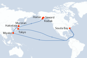 Carte de l'itinéraire de croisière Seward-Tokyo d'une durée de 15 jours