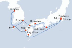 Carte de l'itinéraire de croisière Yokohama-Tokyo d'une durée de 14 jours