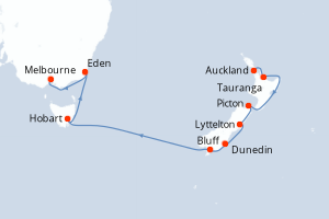 Carte de l'itinéraire de croisière Auckland-Melbourne d'une durée de 16 jours