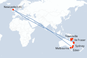 Carte de l'itinéraire de croisière Melbourne-Sydney d'une durée de 14 jours