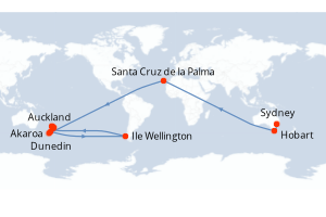 Carte de l'itinéraire de croisière Sydney-Auckland d'une durée de 14 jours