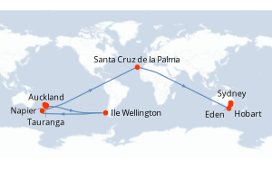 Carte de l'itinéraire de croisière Auckland-Sydney d'une durée de 14 jours