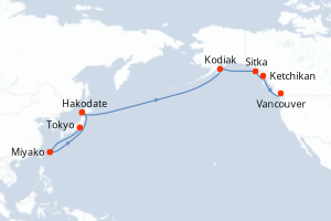 Carte de l'itinéraire de croisière Tokyo-Vancouver d'une durée de 17 jours