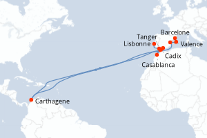 Carte de l'itinéraire de croisière Lisbonne-Barcelone d'une durée de 11 jours